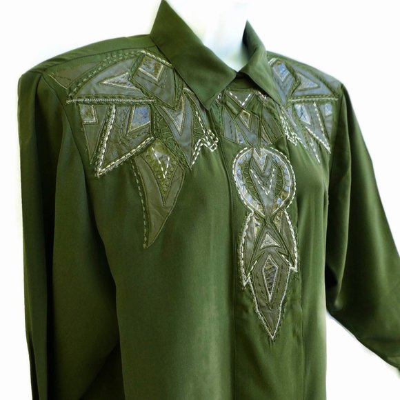 Vintage Tops - NEW SiLK Leather Real Snake Green Blouse Concealed Buttons Southwest Streetwear